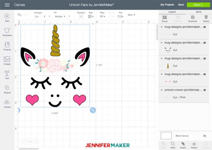 Unicorn face for vinyl decal mug in Cricut Design Space