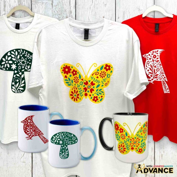 A collection of mugs and T-shirts decorated with single and multi-colored vinyl designs. Learn how to use Adhesive Vinyl Vs Iron-On For Cricut Beginners