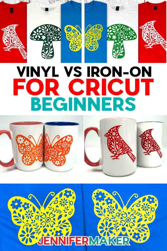 A collection of single and multicolored floral wildlife designs decorating mugs and T-shirts. Learn how to use Adhesive Vinyl Vs Iron-On For Cricut Beginners