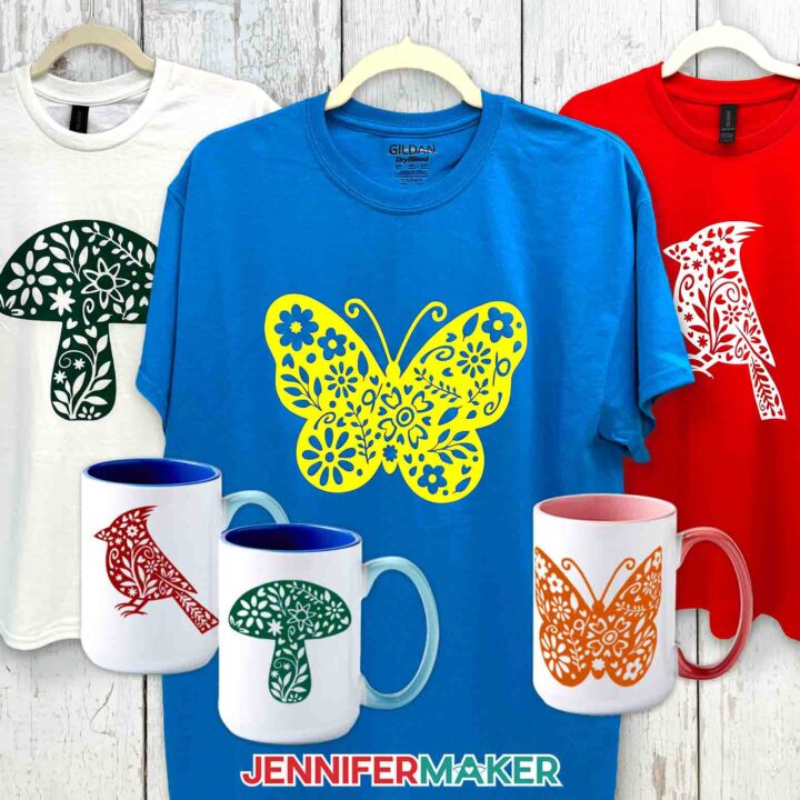 The vinyl vs iron on shirt and mug designs are ready to use.
