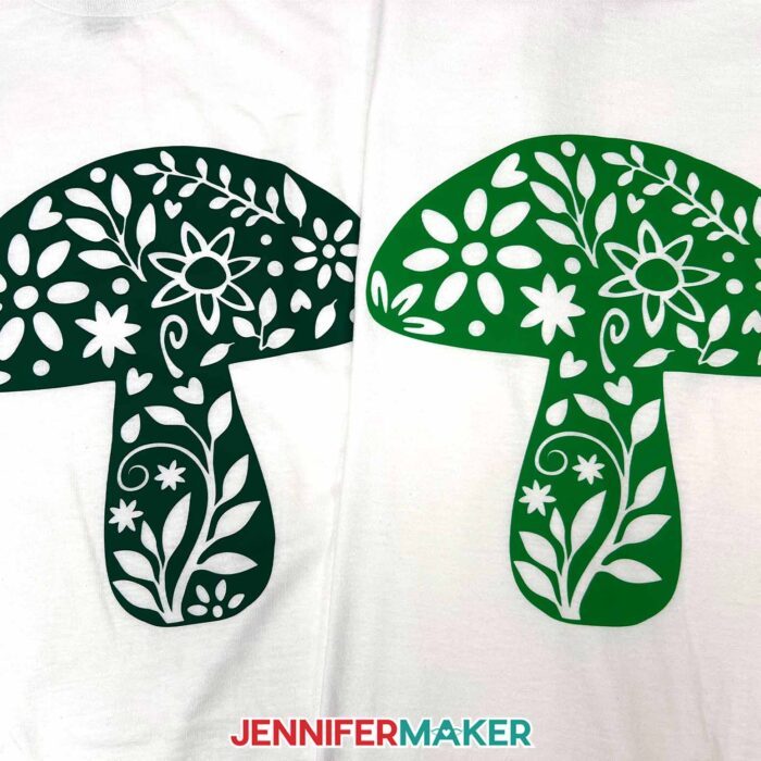 Two white T-shirts decorated with green floral mushroom designs sit side by side. Learn how to use Adhesive Vinyl Vs Iron-On For Cricut Beginners