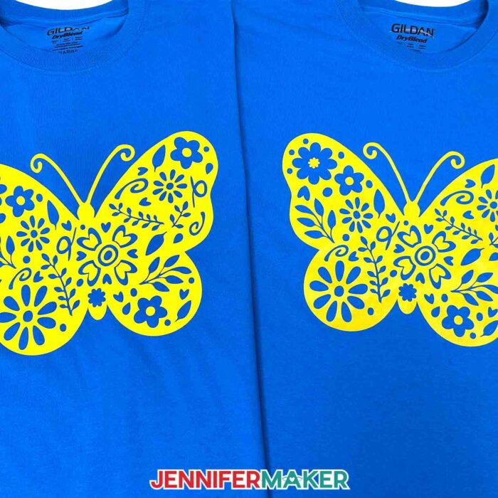 Two blue T-shirts decorated with yellow floral butterfly iron-on vinyl designs sit side by side. Learn how to use Adhesive Vinyl Vs Iron-On For Cricut Beginners