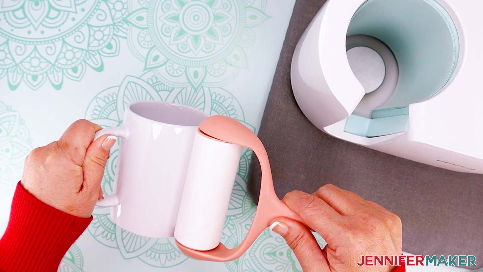 While the press warms up, take a lint roller and roll it around the surface of your mug to clean off any lint that can interfere with the transfer.