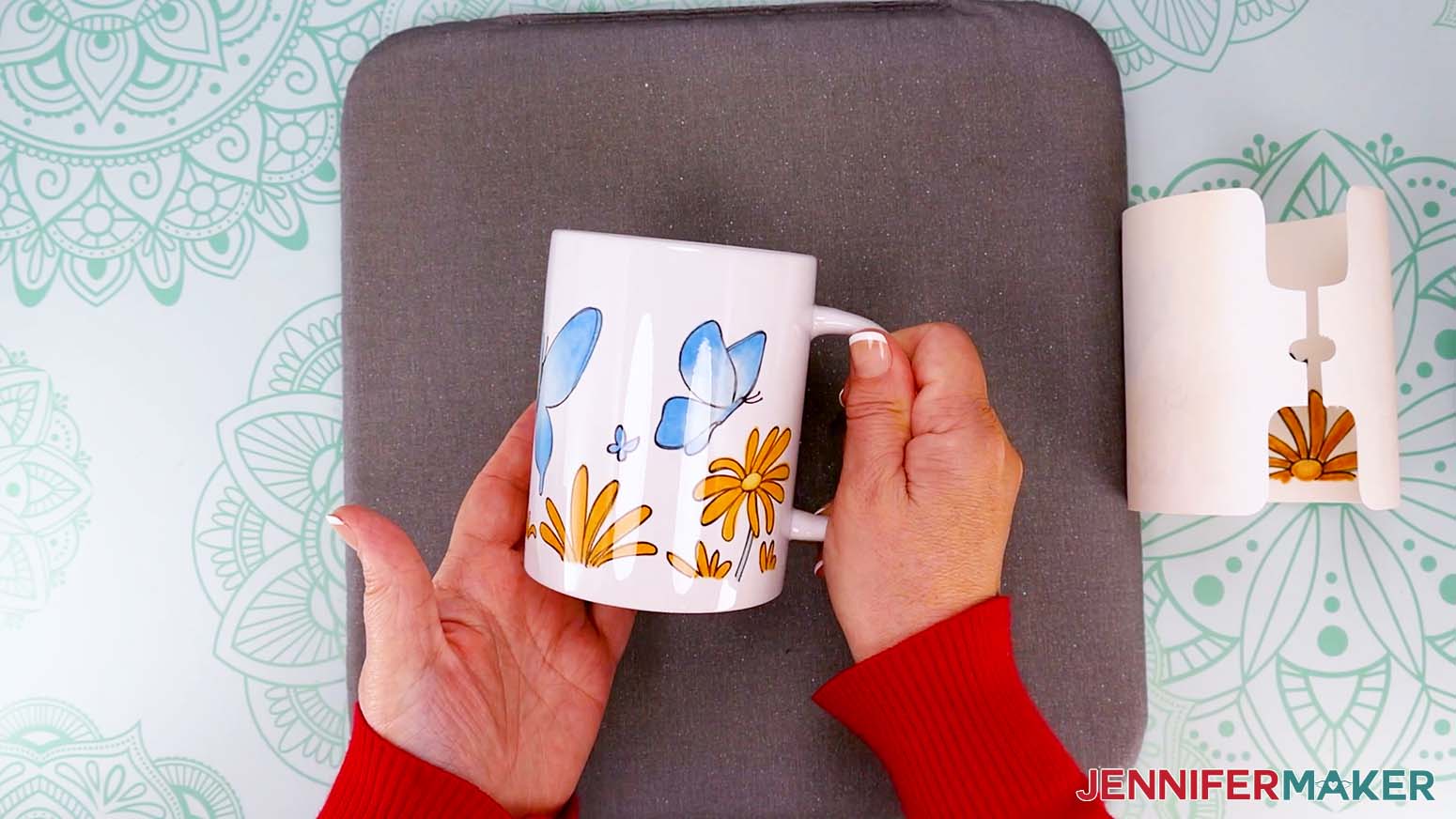 When the mug is cool enough to handle, remove the tape from under the handle and unwrap your beautiful mug!