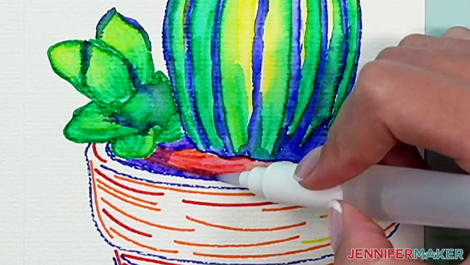 Color the blue edges around the red dirt area of the pot to form darker shadows under the edges of the plants.