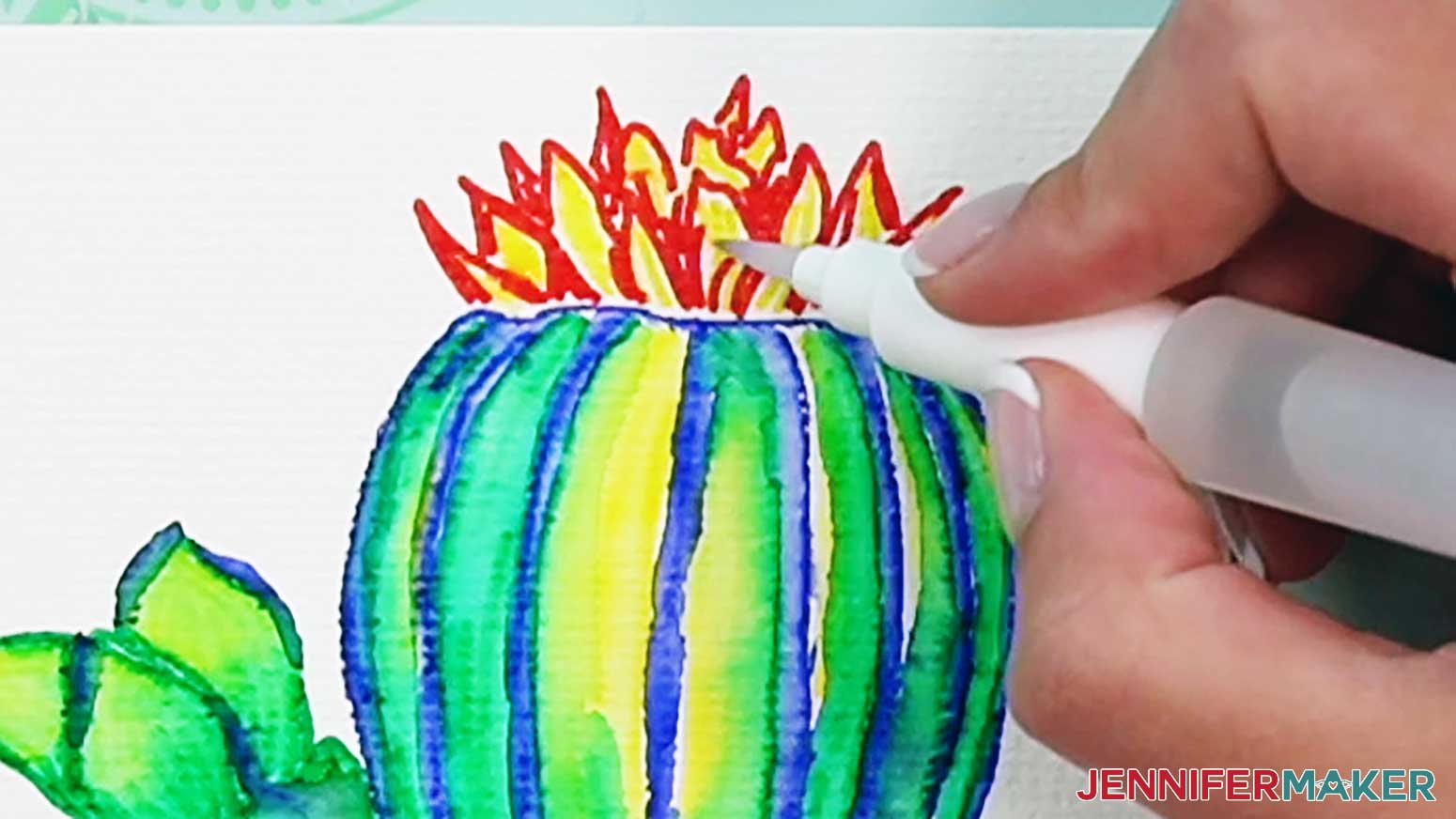 Blend the yellow lines to fill in the pieces at the top of the watercolor cactus.