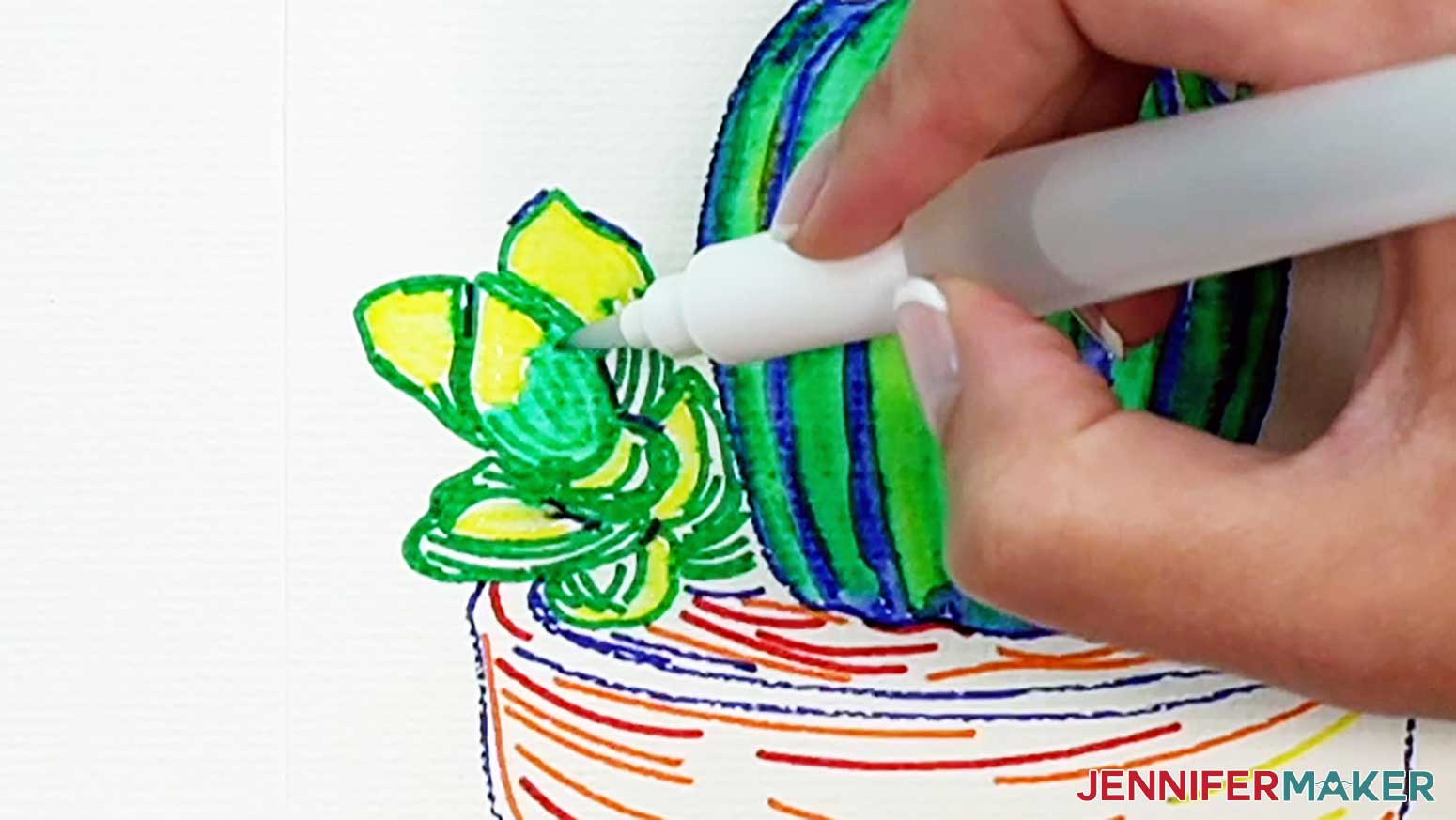 Fill in the green areas on the petals of the succulent in the watercolor cactus.