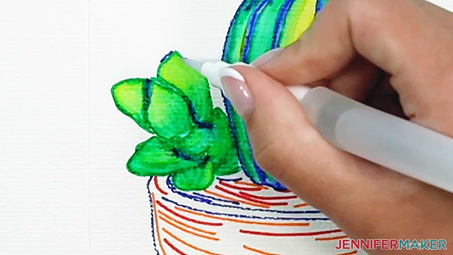 Blend the blue lines into the green and yellow areas of the succulent to create shadows in the succulent in the watercolor cactus pot.