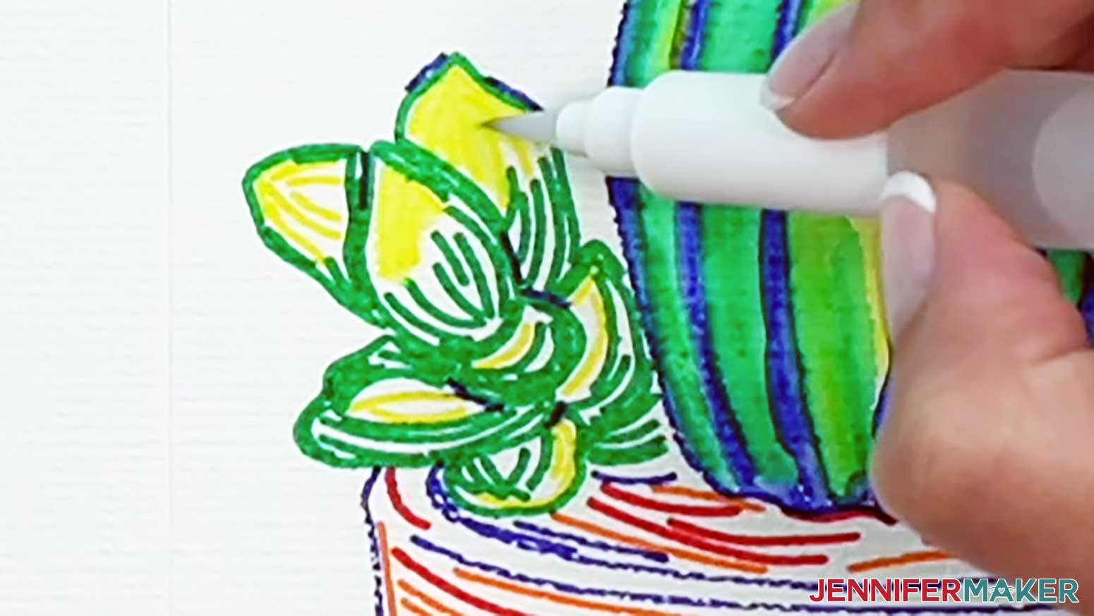 Color in the yellow areas of the small succulent on the watercolor canvas.