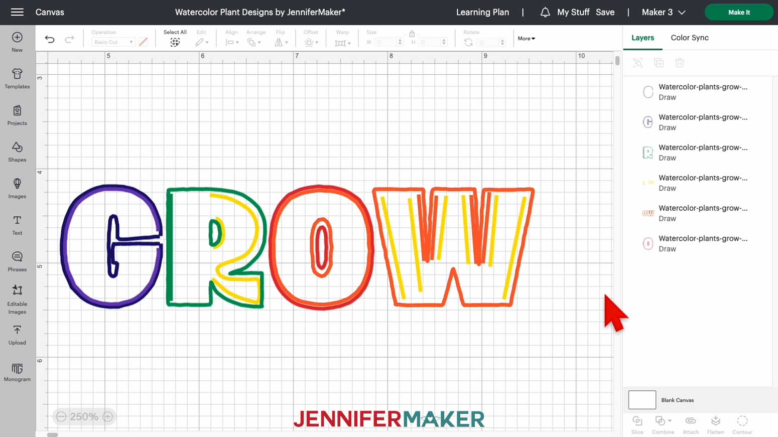The word GROW will appear with bright colors for the lines after the marker color selections have been made and all the words have been deleted.
