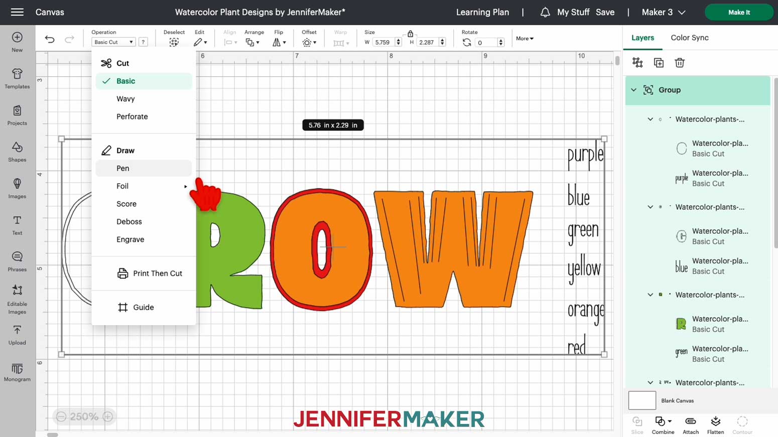 Choose the pen operation while the watercolor word GROW is selected after adding it to the Design Space Canvas.