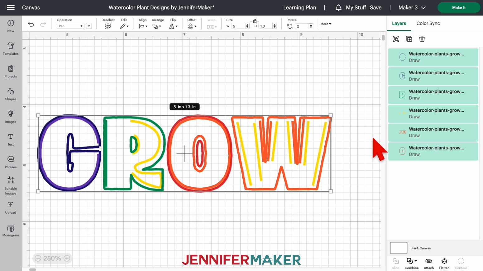 The watercolor word GROW is sized five inches by 1 and three-tenths of an inch on the Design Space Canvas.