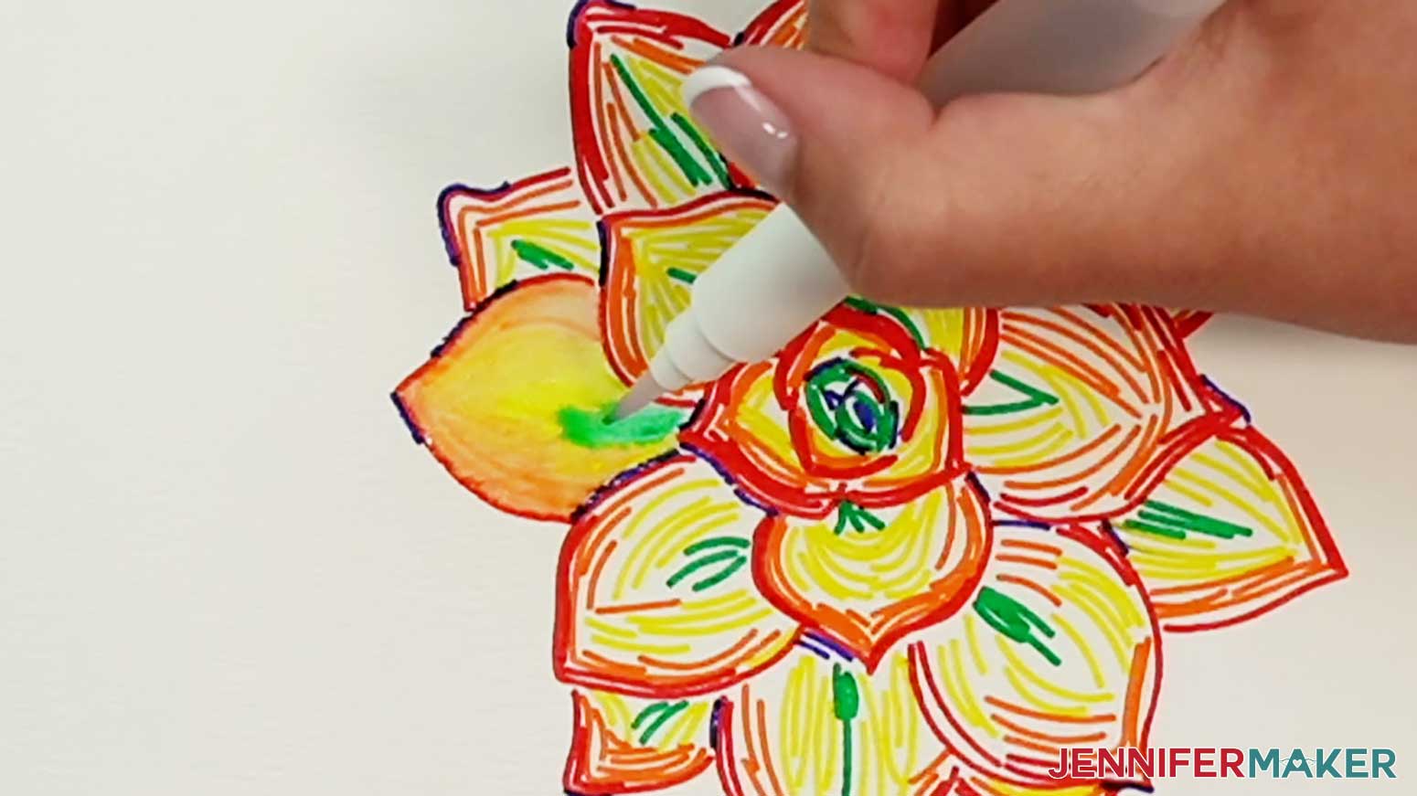Color the green areas at the base of the petal of the watercolor succulent.