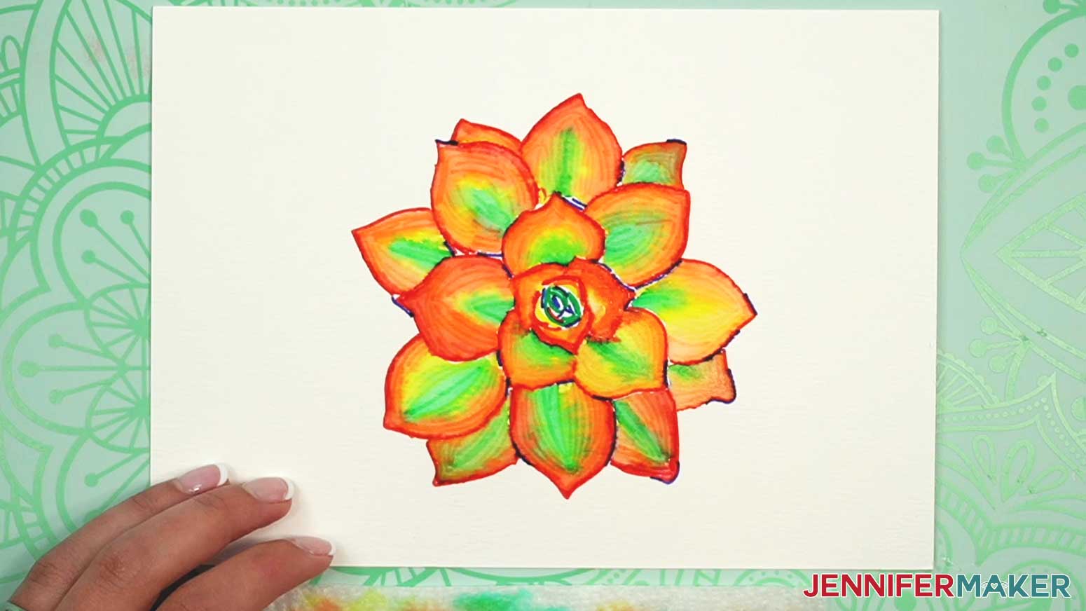 The petals of the watercolor succulent are filled and the middle is ready to color.