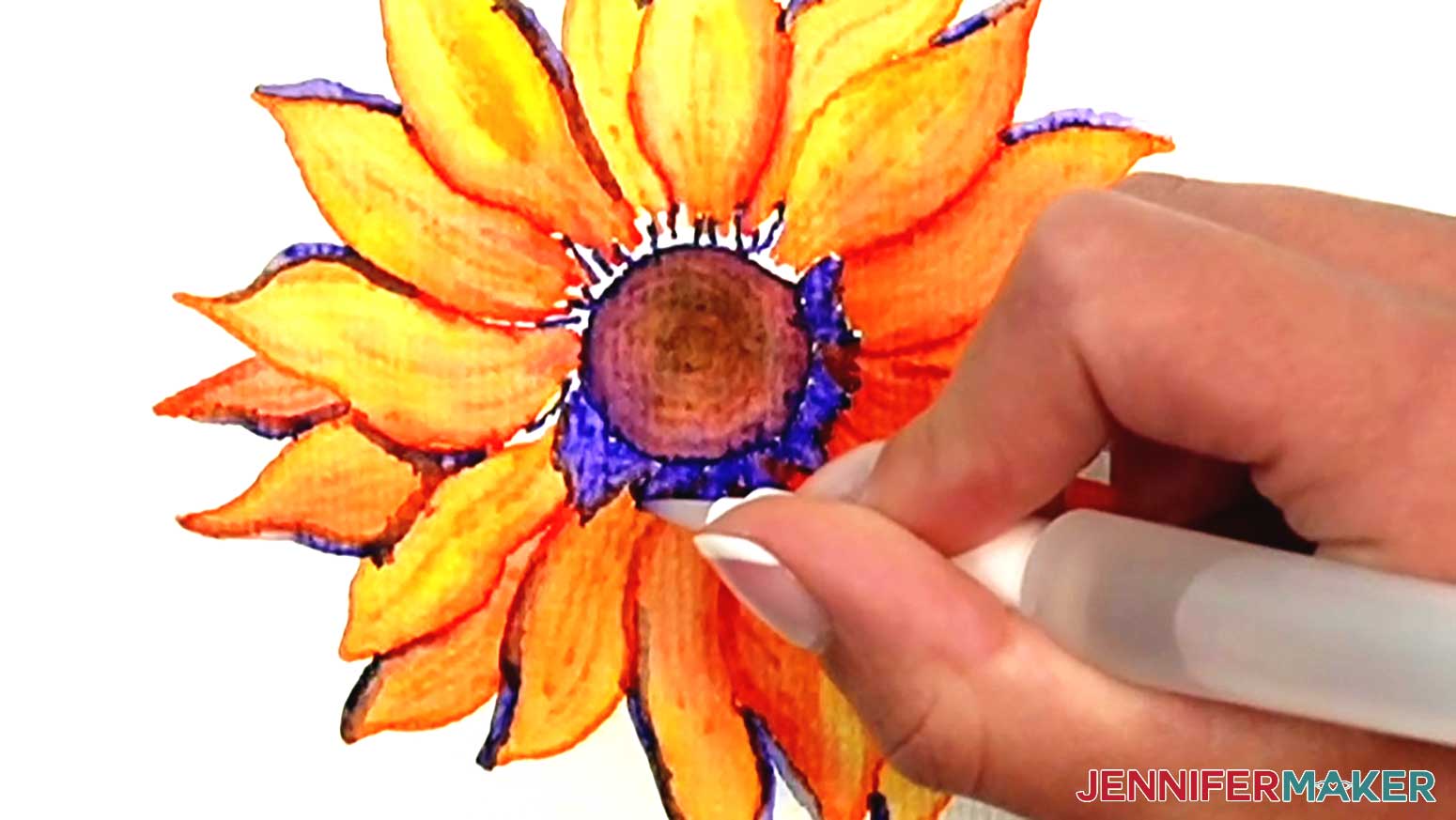 Draw the blue color from the center onto the petals of the watercolor sunflower to create shading.