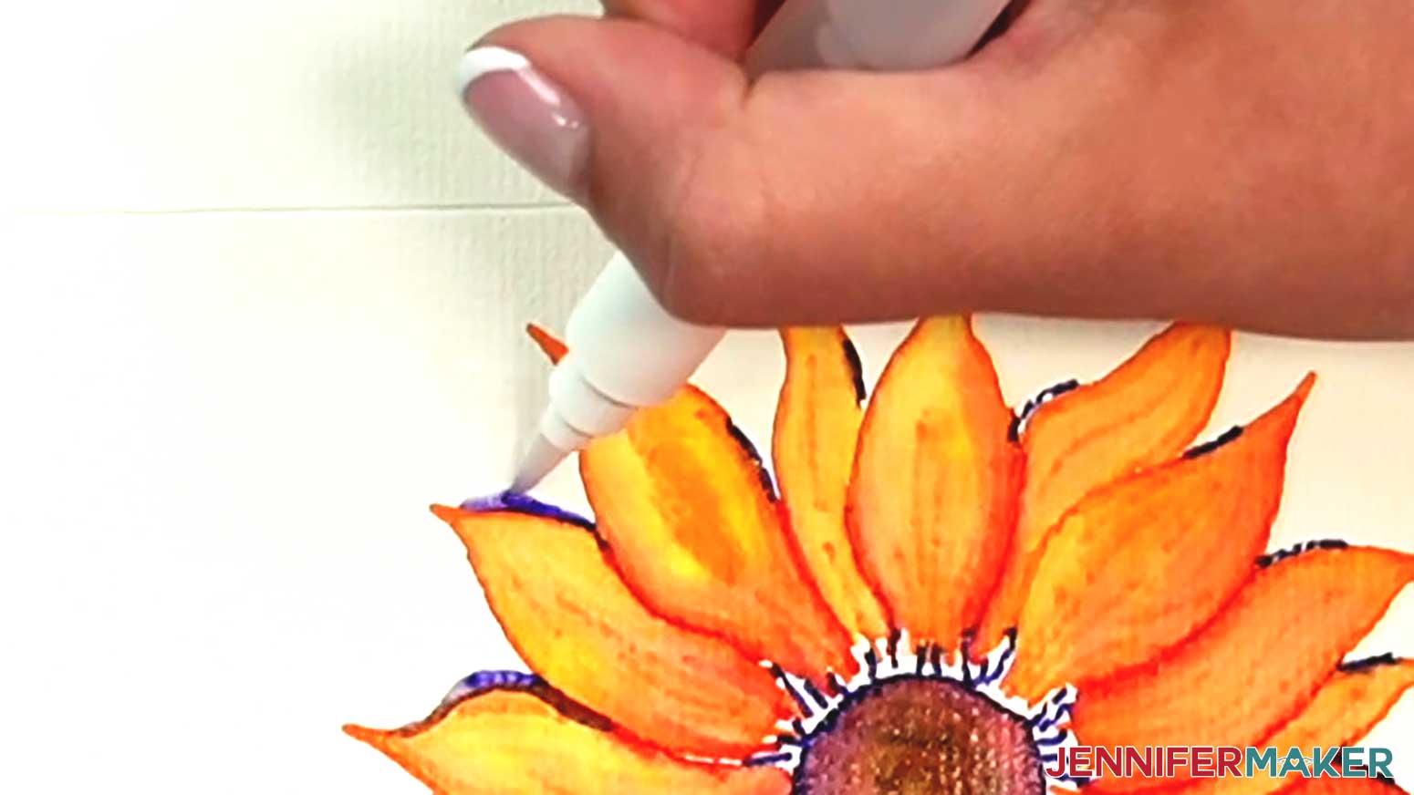 Color the edges of the petals to create depth and shading on the watercolor sunflower.