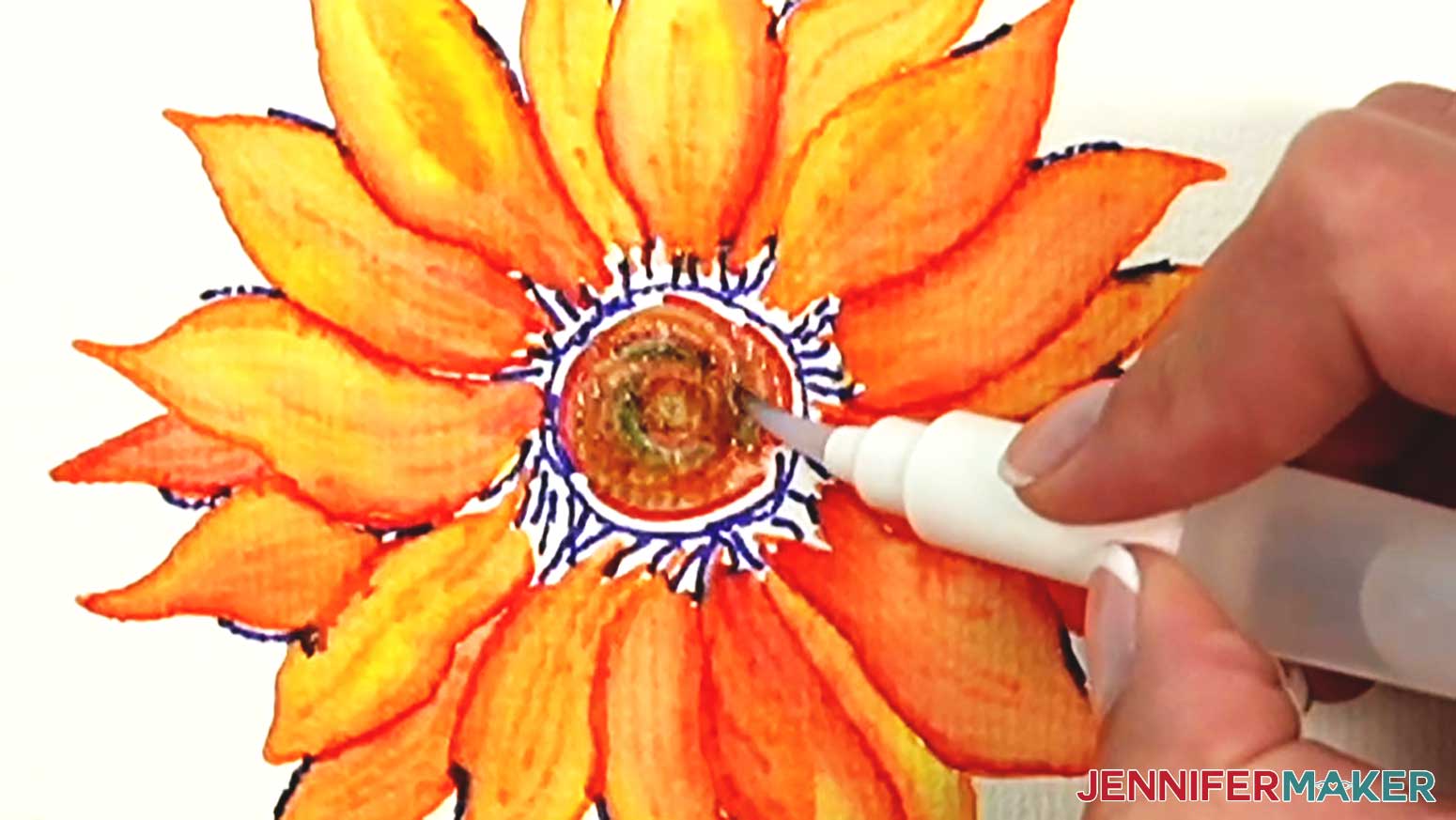 Color in the red areas around the green lines in the center of the watercolor sunflower to create a variety of brown colors in the center.