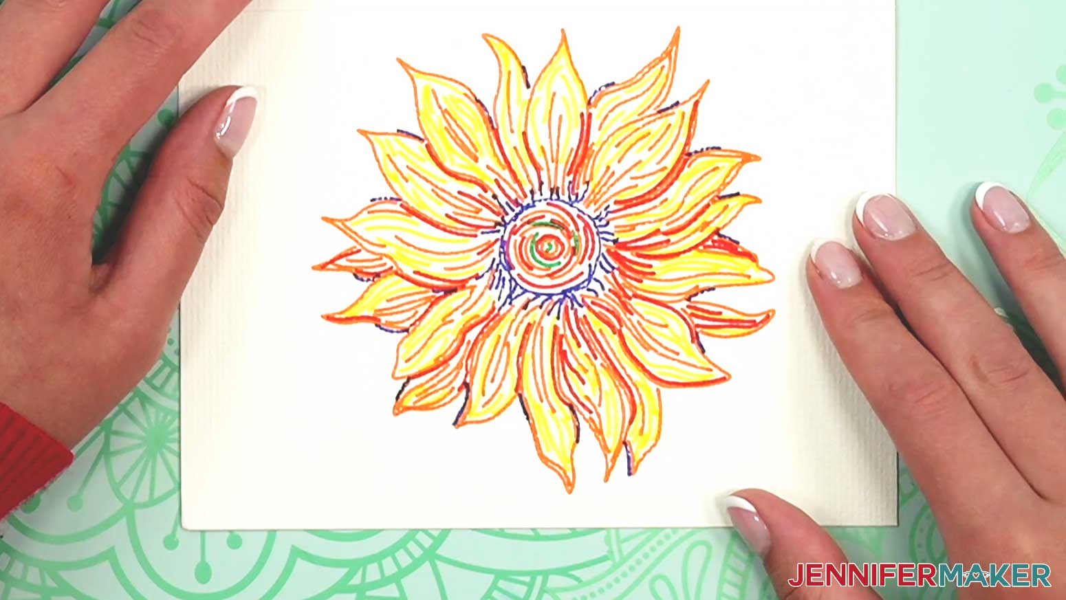 The watercolor sunflower is ready to make with all the lines drawn with watercolor markers.
