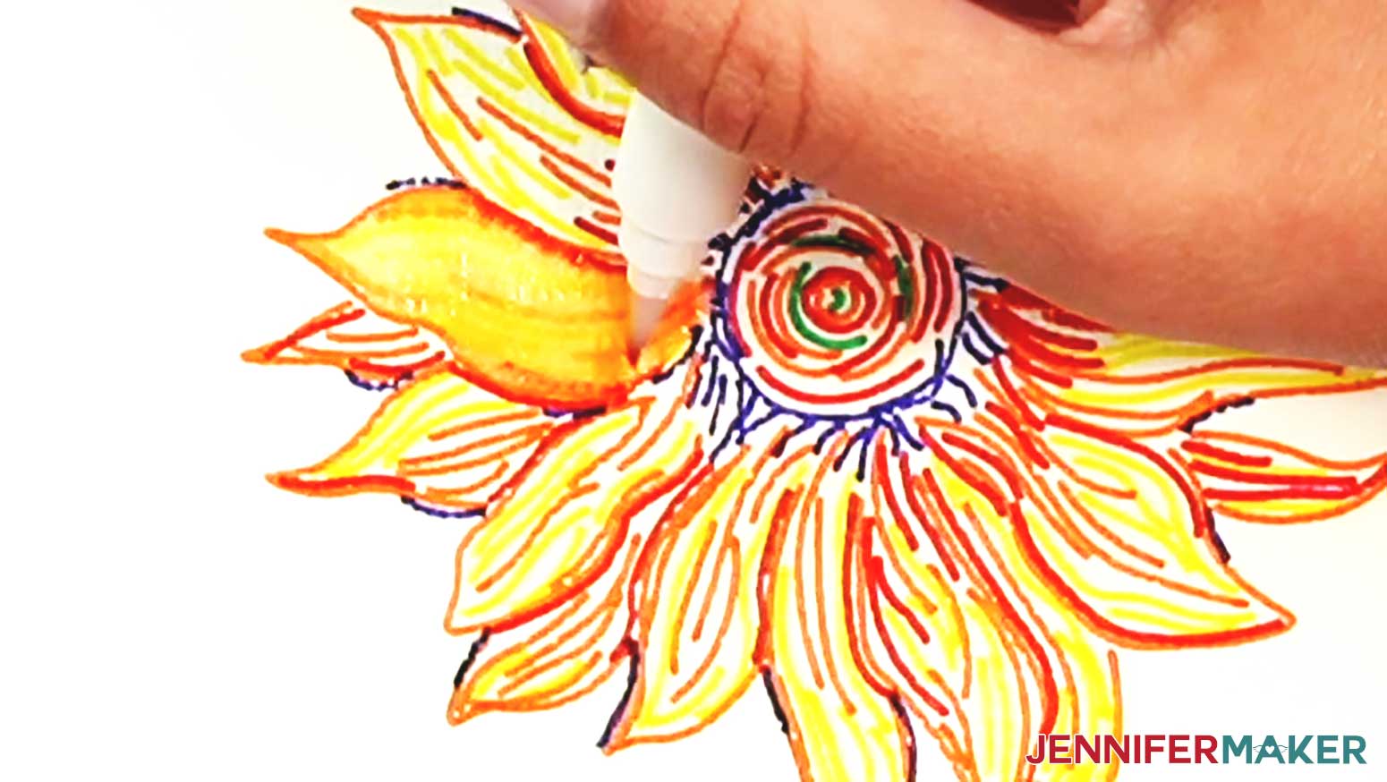 Smooth the red lines of the edges of the petals into the yellow area to create shading on the watercolor sunflower.
