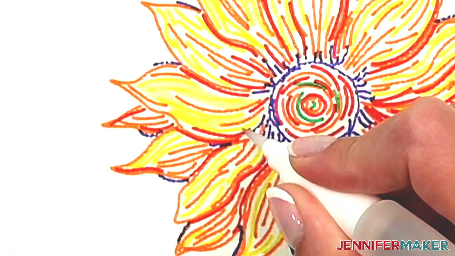 Fill in the yellow areas of the petals on the watercolor sunflower while taking care to not touch the other colors.