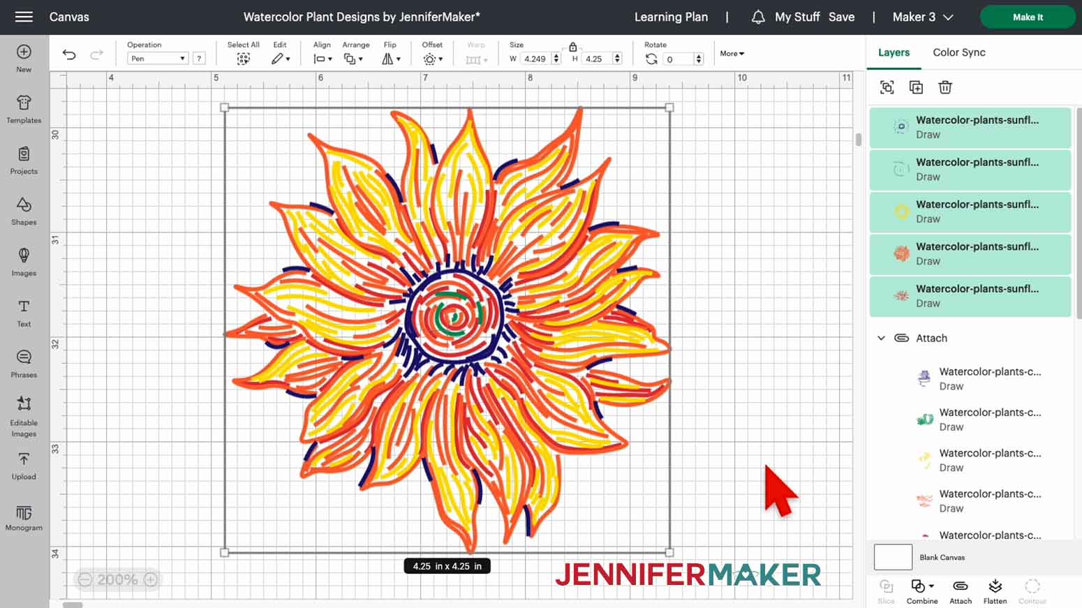 The watercolor sunflower is sized four and one quarter by four and one quarter inches on the Design Space Canvas.