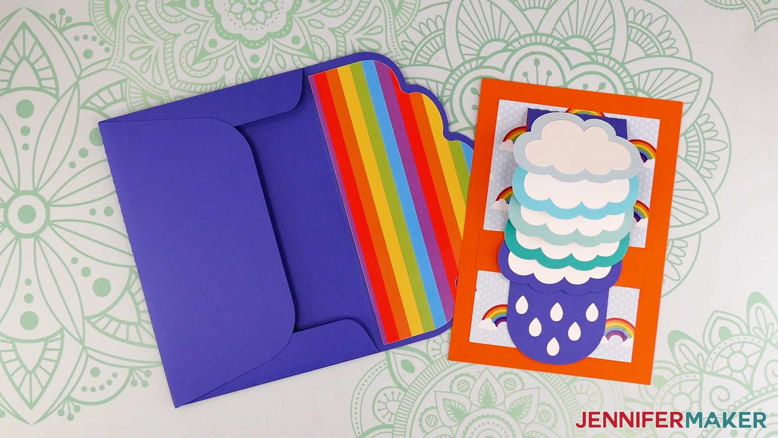 The assembled rainbow waterfall card and matching A7 envelope