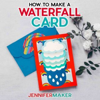 Tutorial for cardstock waterfall card with rainbow and cloud theme from JenniferMaker.