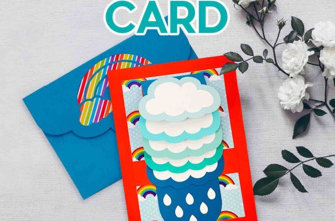 Tutorial for cardstock waterfall card with rainbow and cloud theme from JenniferMaker.