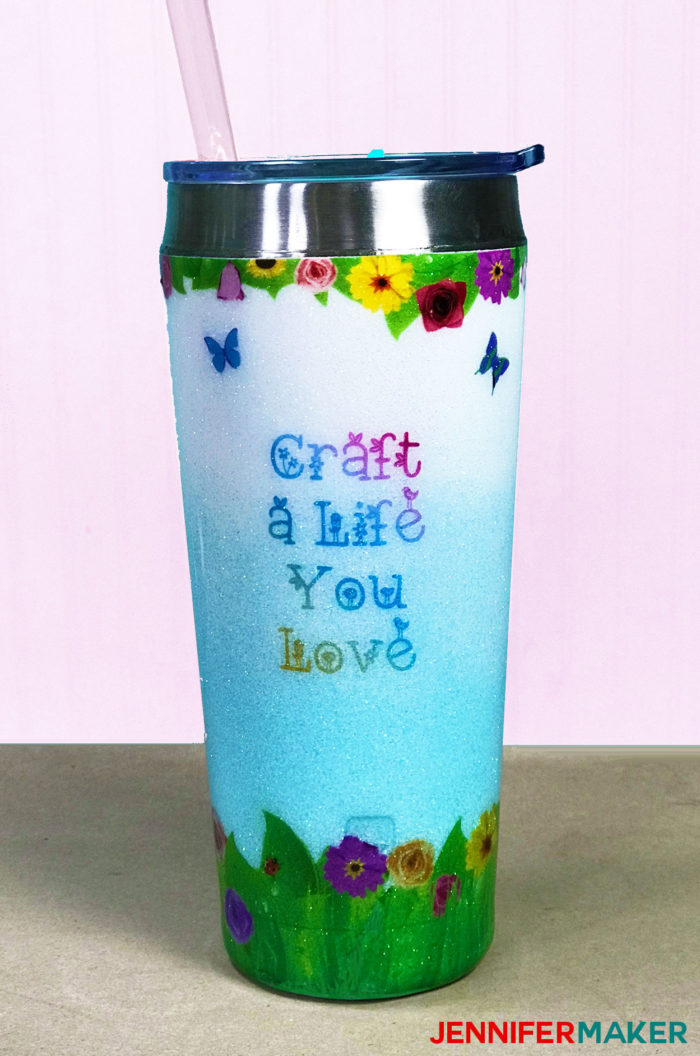 Waterslide decal mug in blue and white ombre with flowers and 