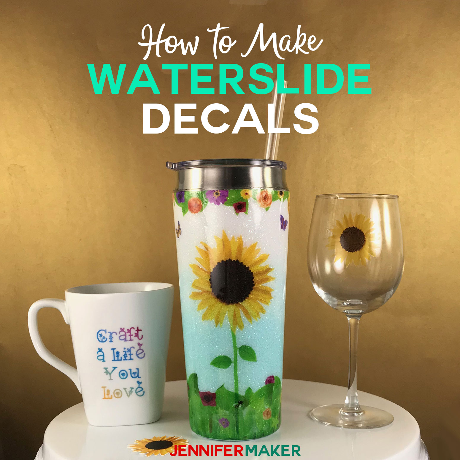 Waterslide Decal Tutorial for Glitter Tumblers, Mugs, and Glasses - learn how to make printable inkjet waterslide decals and cut them on your Cricut! #cricut #cricutmade #designspace #waterslide #decal