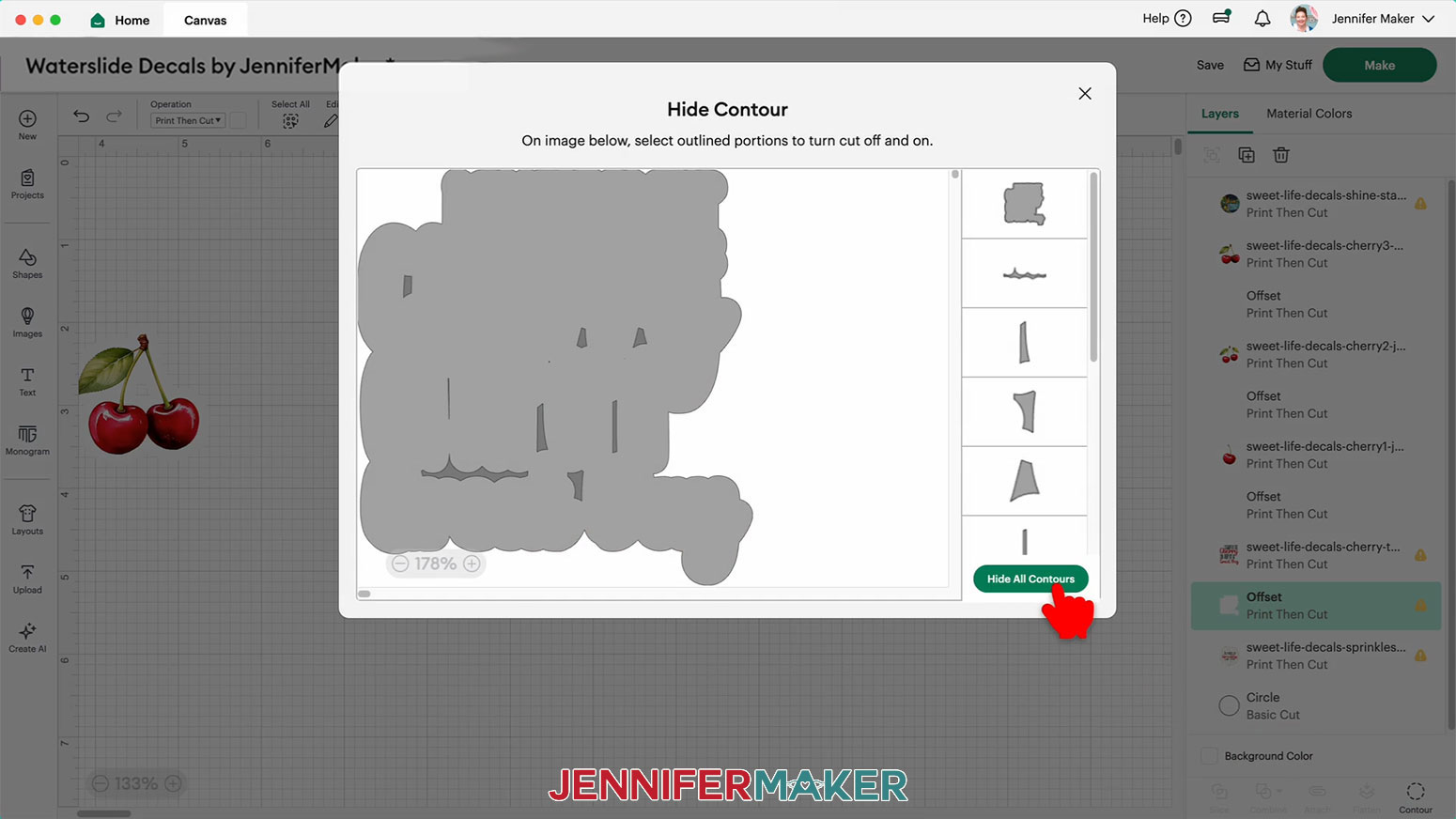 The cherry text decal design is selected and the contour menu is open, the cursor hovers over the Hide All Contours button.