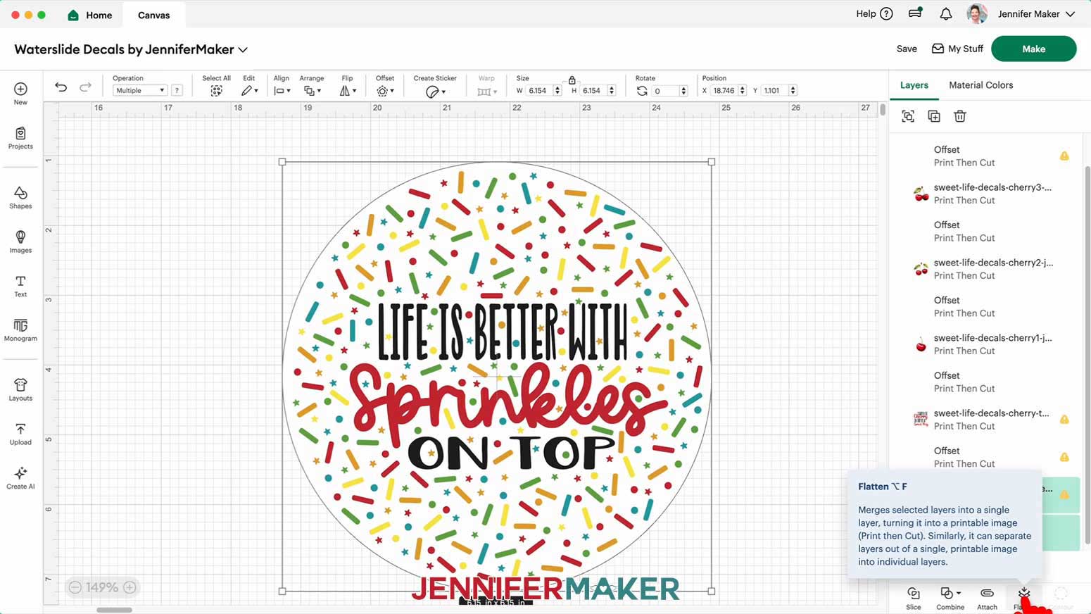 The sprinkles waterslide decal design and it's offset are selected, the cursor hovers over the Flatten Option in the bottom layer menu.