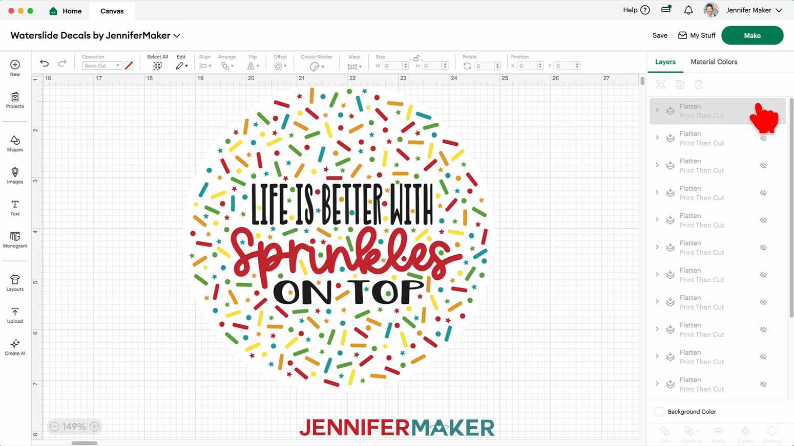 All the designs have been hidden except the Sprinkles waterslide decal design.