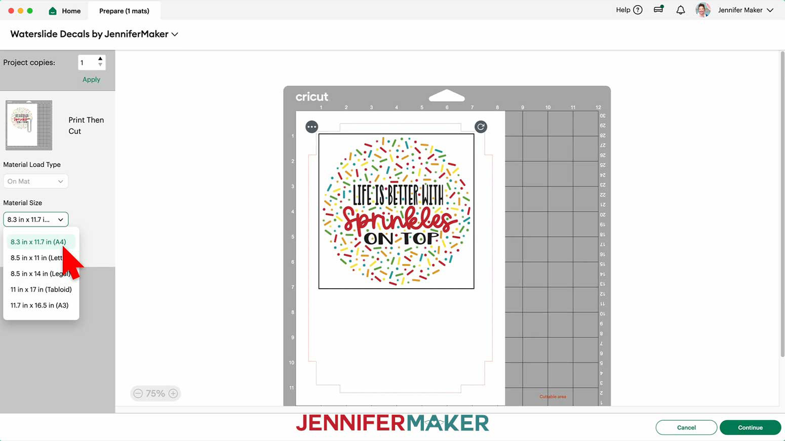 The Prepare screen is open and the sprinkles image is show on the mat while the cursor hovers over the A4 option in the material size drop down menu.