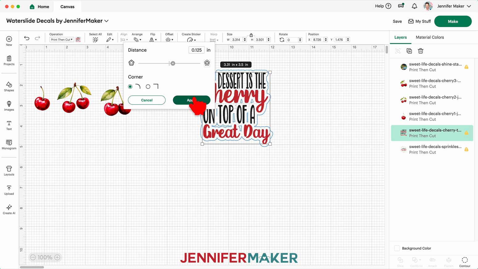 The cherry text is selected and the offset has been set to 0.125" in the menu and the cursor hovers over the apply button.