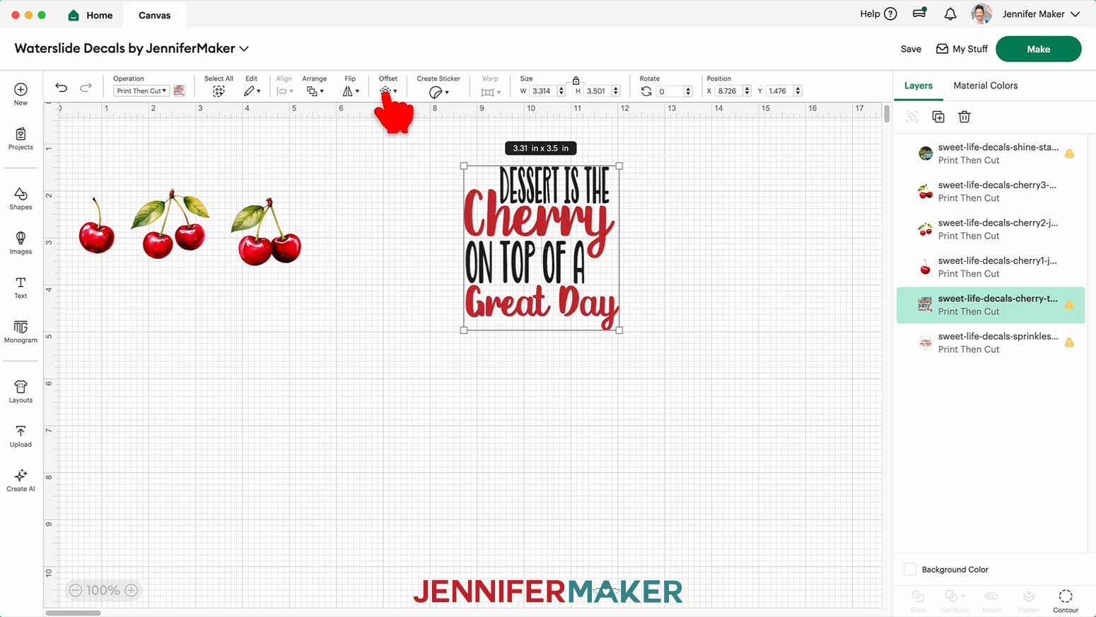 The waterslide decal design of the cherry text is selected and the cursor hovers over the Offset option in the top menu.