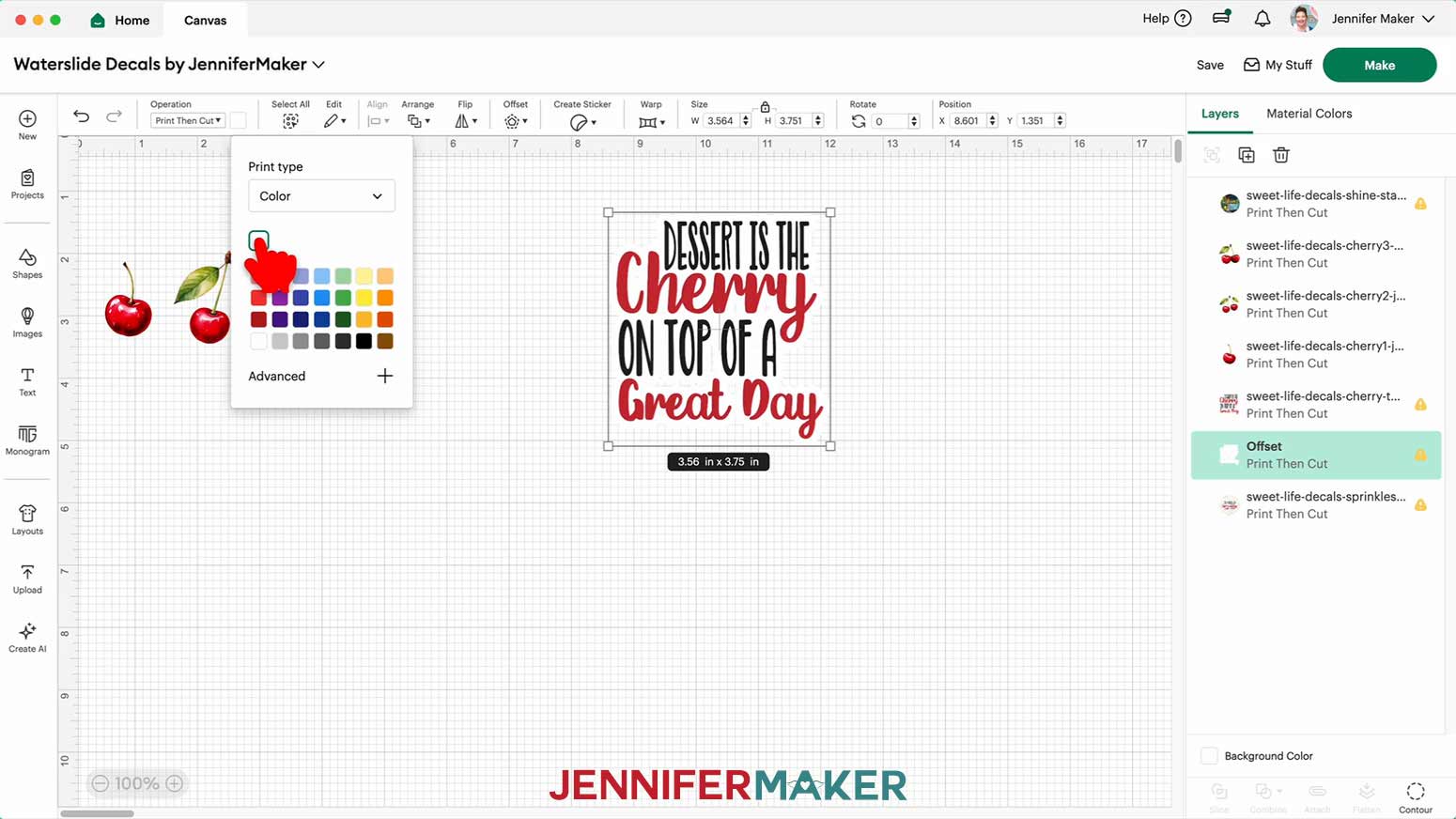 The offset that was created is selected and the color drop down menu is open and the cursor hovers over the color white.