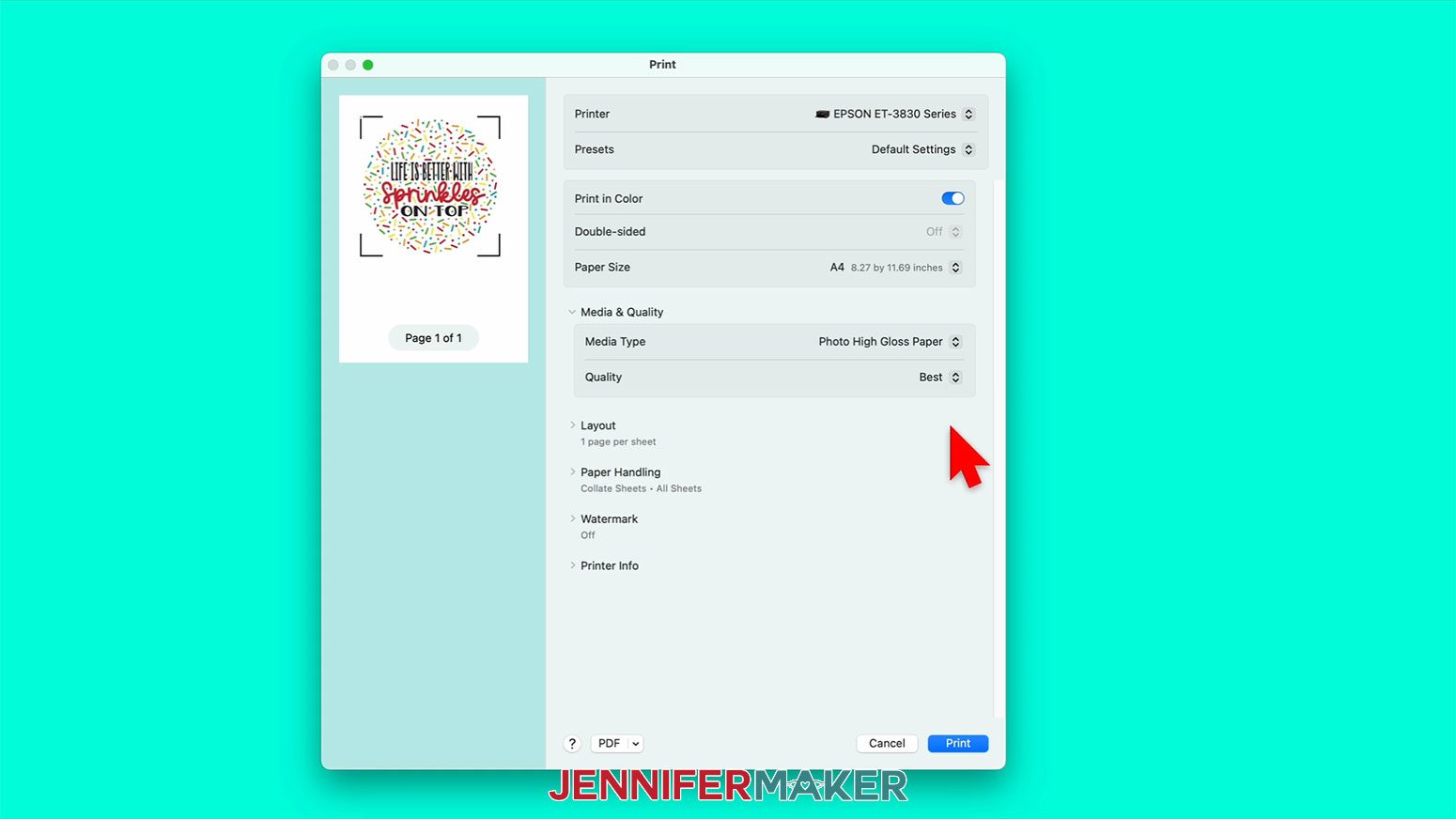 The System Print Dialogue menu is open and the paper size has been changed and all the settings are set.