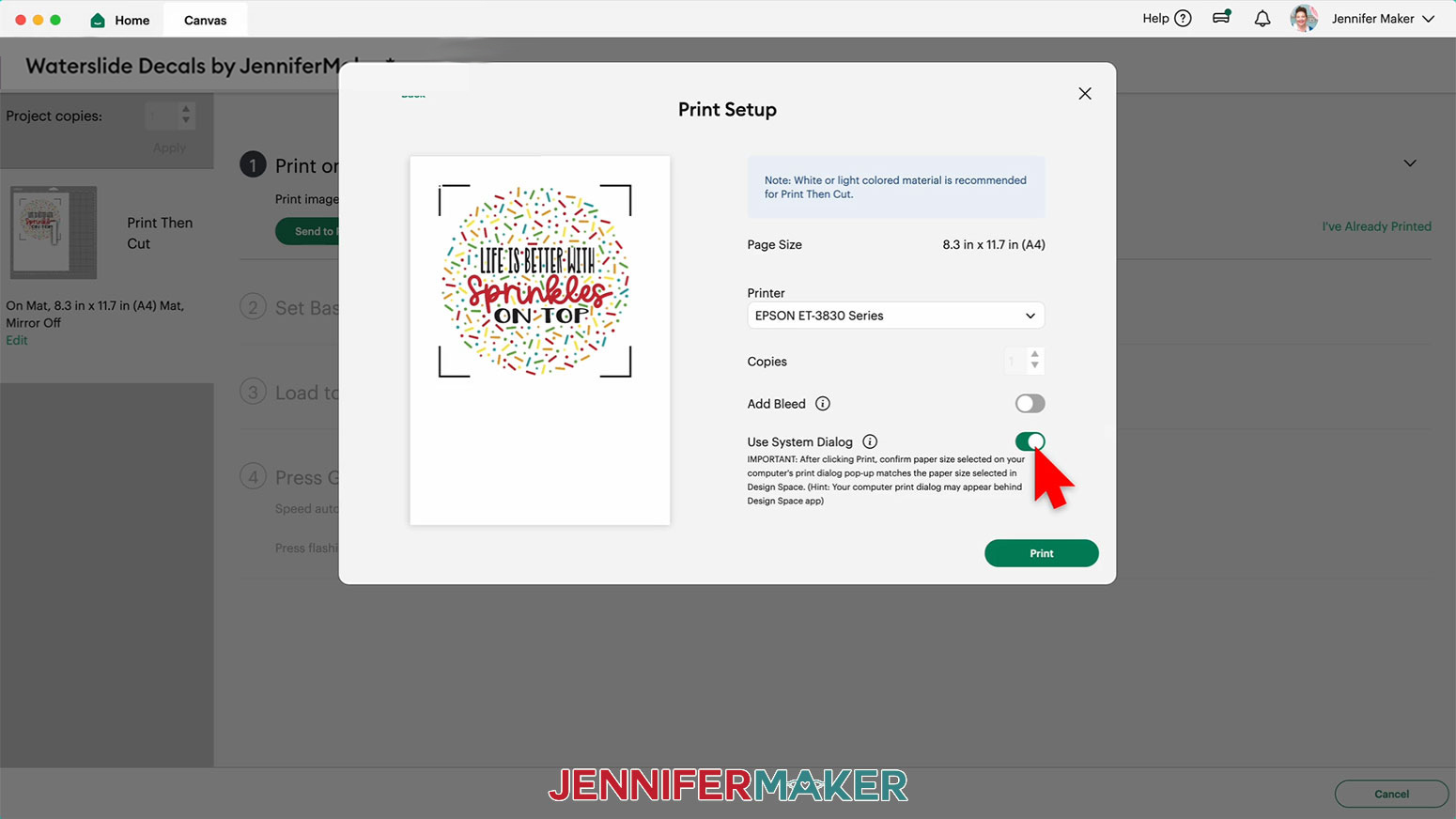 The Print Setup Menu is open and Add bleed is toggled off while use system dialogue is turned on.