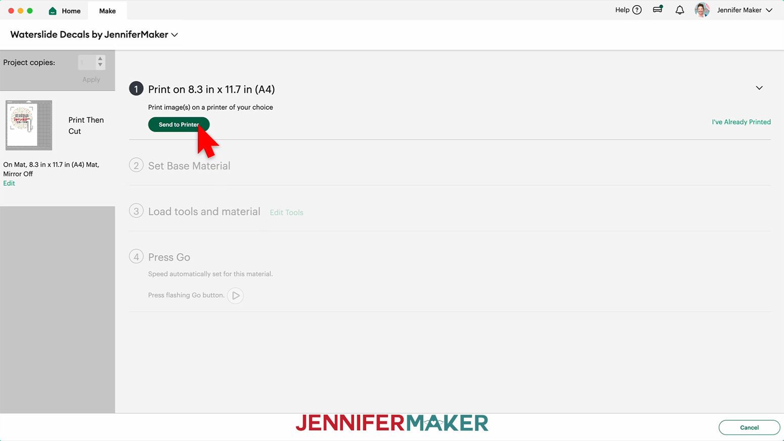 The Make menu is open and the Print size has been changed to A4, the cursor hovers over the Send to Printer button.