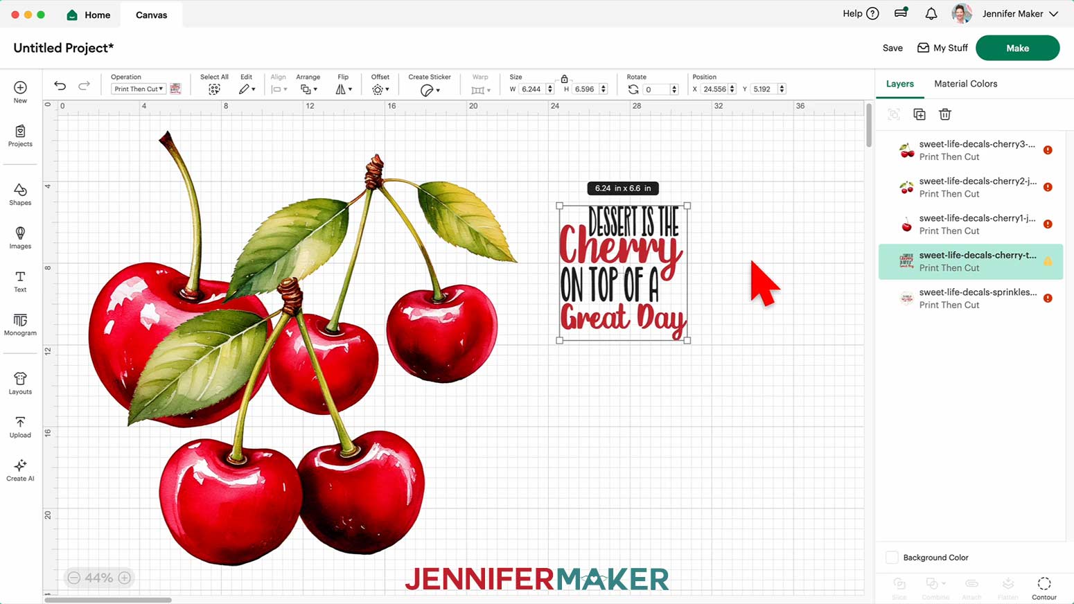 The elements for the Cherries plate have been uploaded and the cherry designs the cherries text is selected and showing the size 6.24&rdquo; x 6.58.&rdquo;