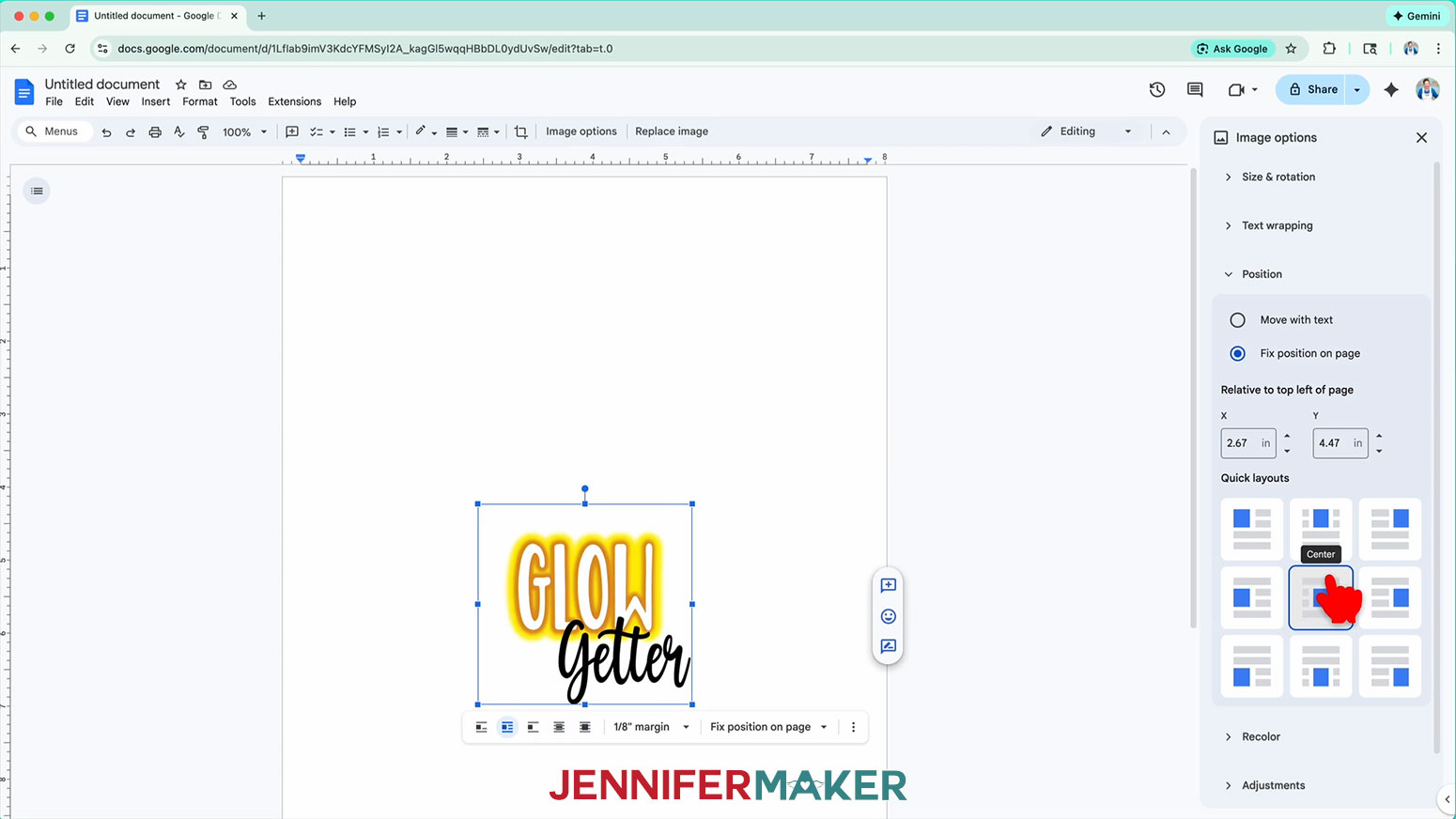 The Glow Getter waterslide decal design is selected and the cursor hovers over the center position in the Image Options dropdown menu.