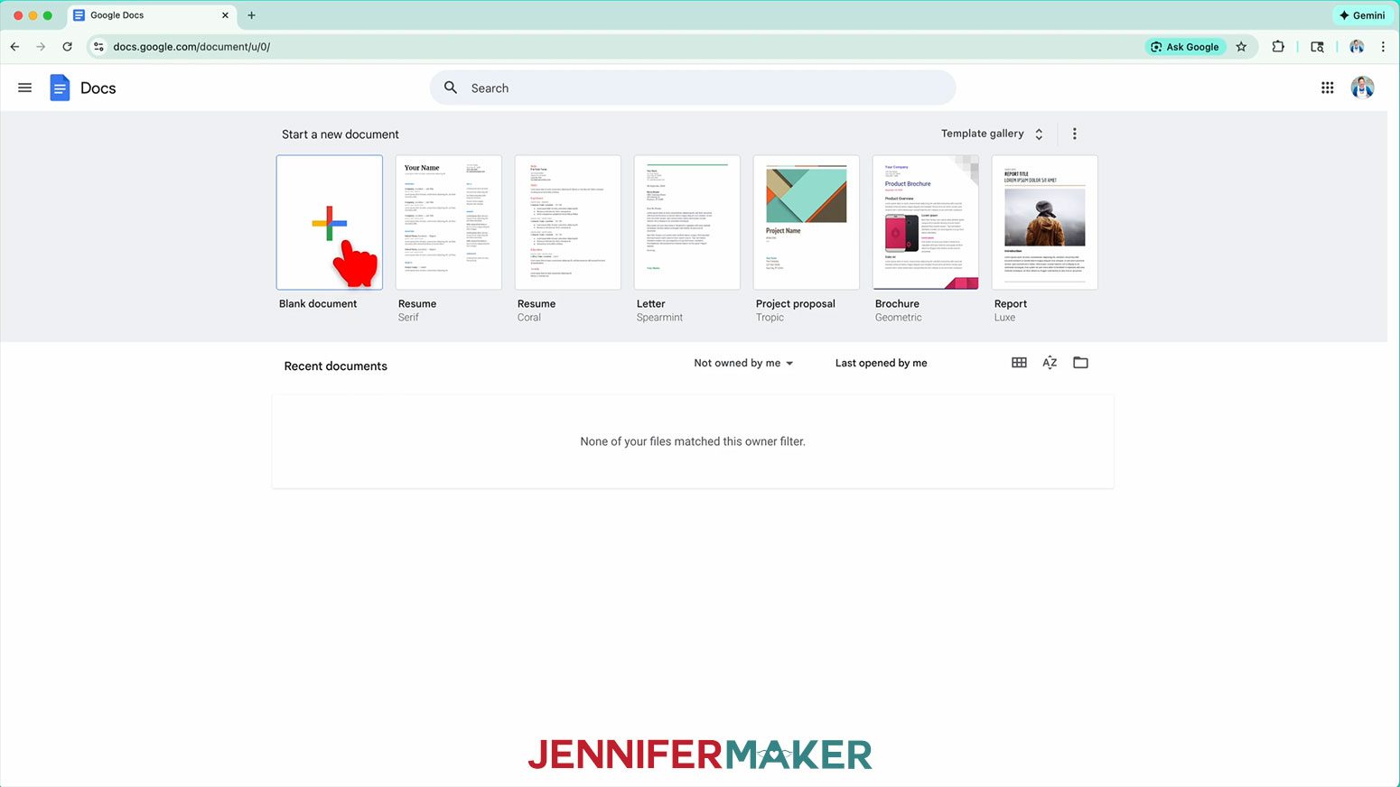 Google Docs is open and and the cursor hovers over the plus sign icon that starts a blank document.