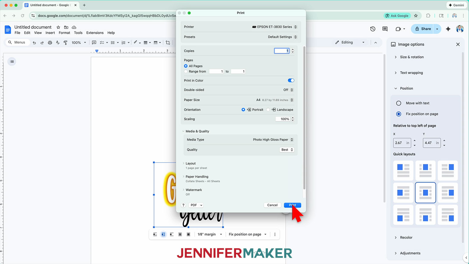 All of the print settings have been set and the cursor hovers over the OK button.