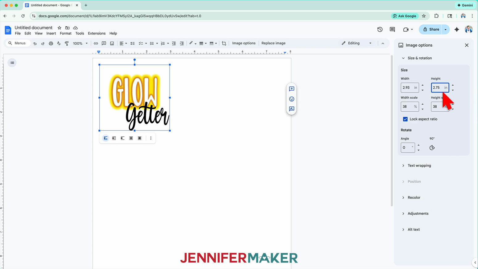 The Glow Getter design is selected and the size has been changed to 2.75"H in the Image options drop down menu.