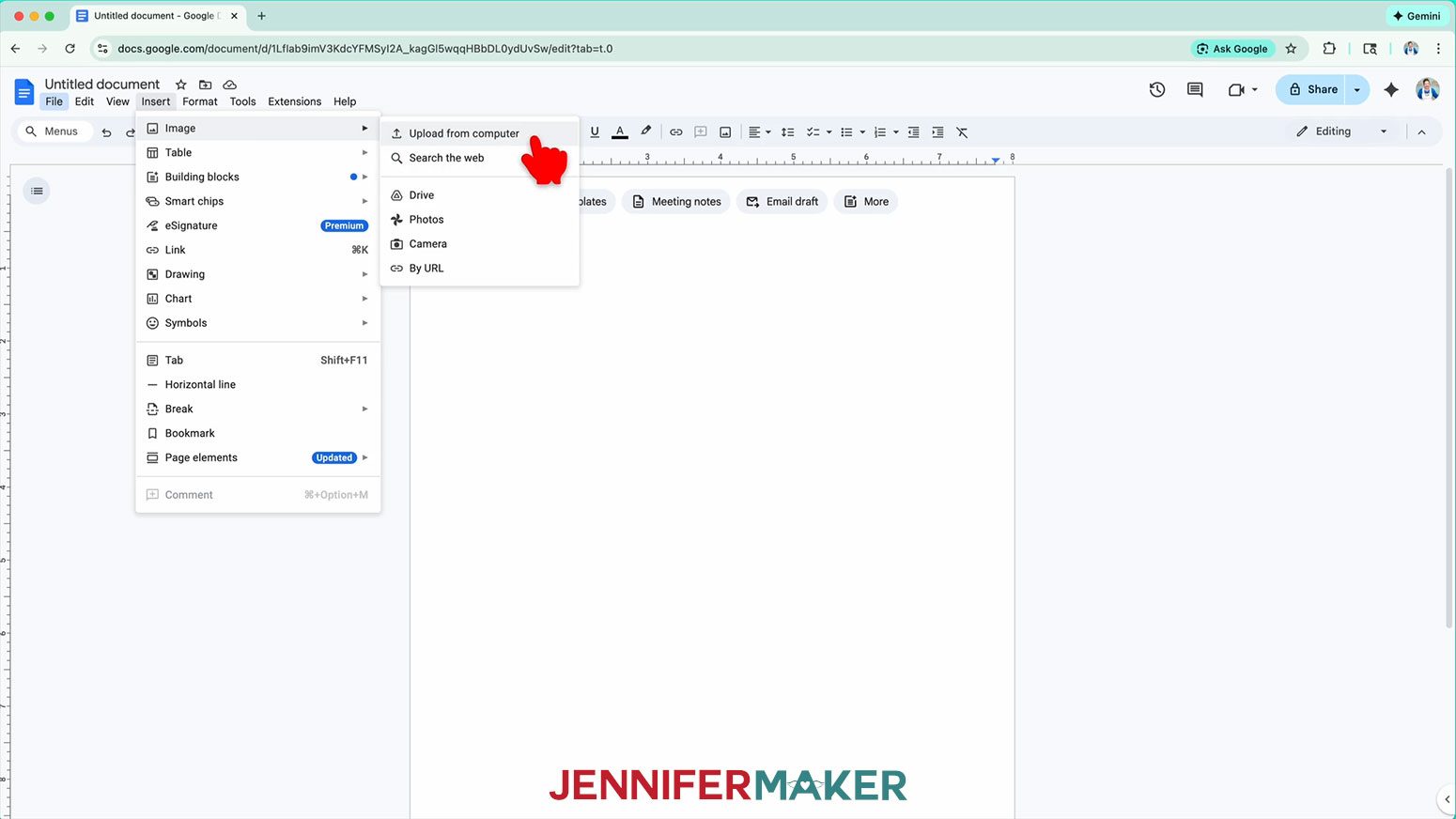 The Insert dropdown menu in the new Google document is open and the cursor hovers over the Upload from Computer option in the Image menu fly away menu.