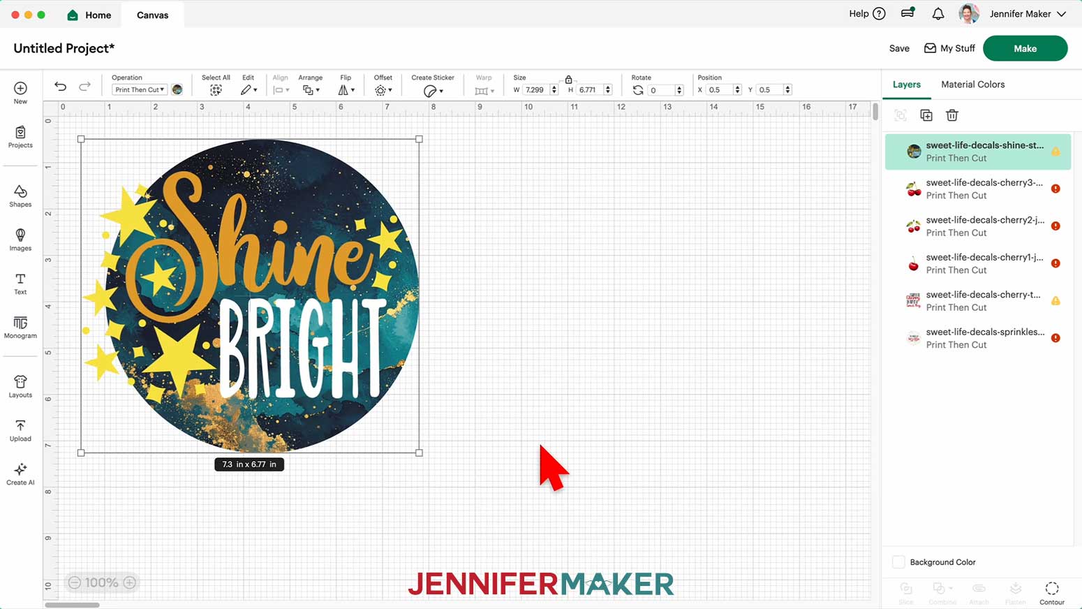 The shine bright design is shown on Canvas after uploading, it is selected and showing size 7.27&rdquo; x 6.76.&rdquo;
