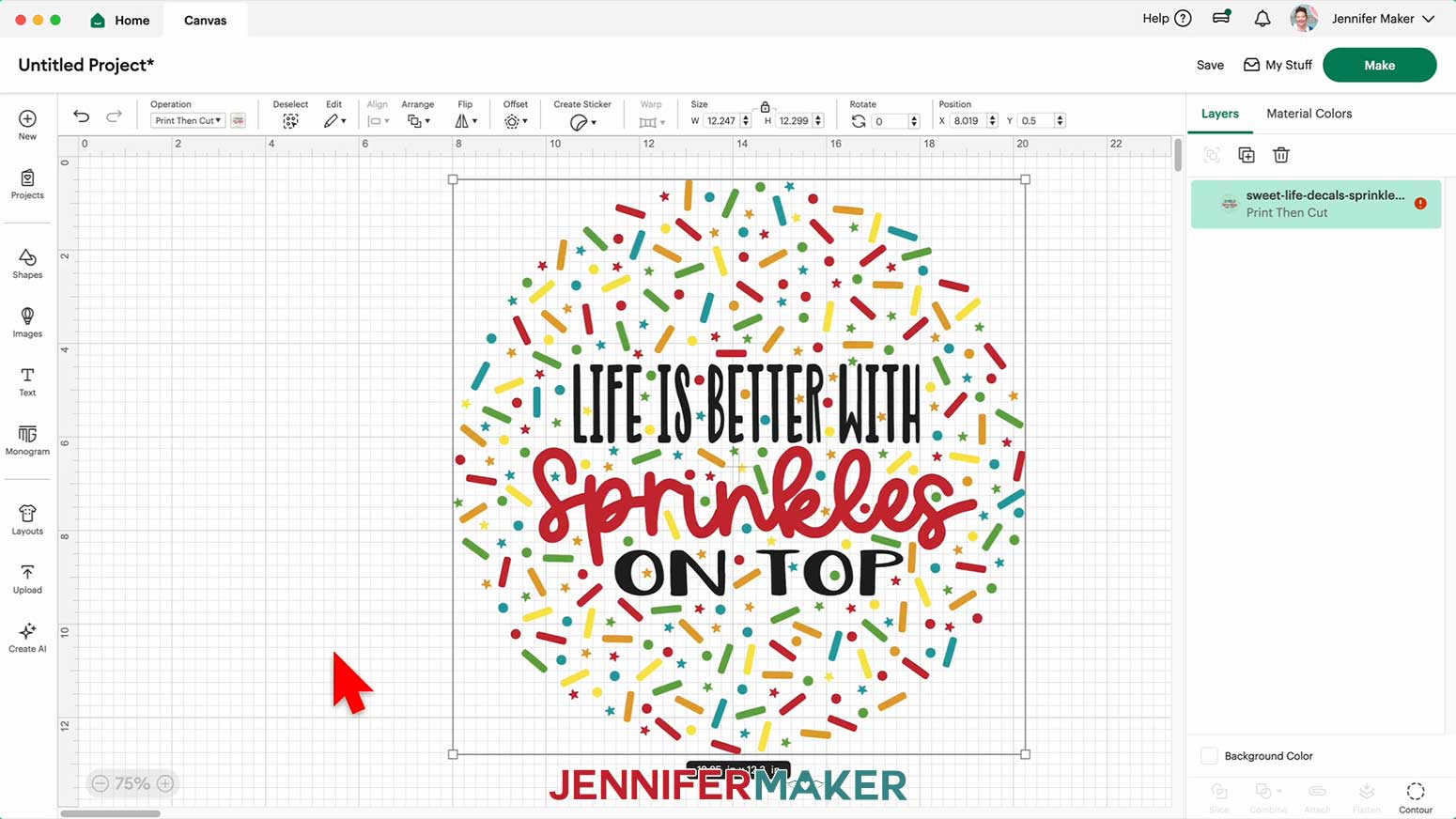 The Sprinkles design is shown on the Design Space Canvas.