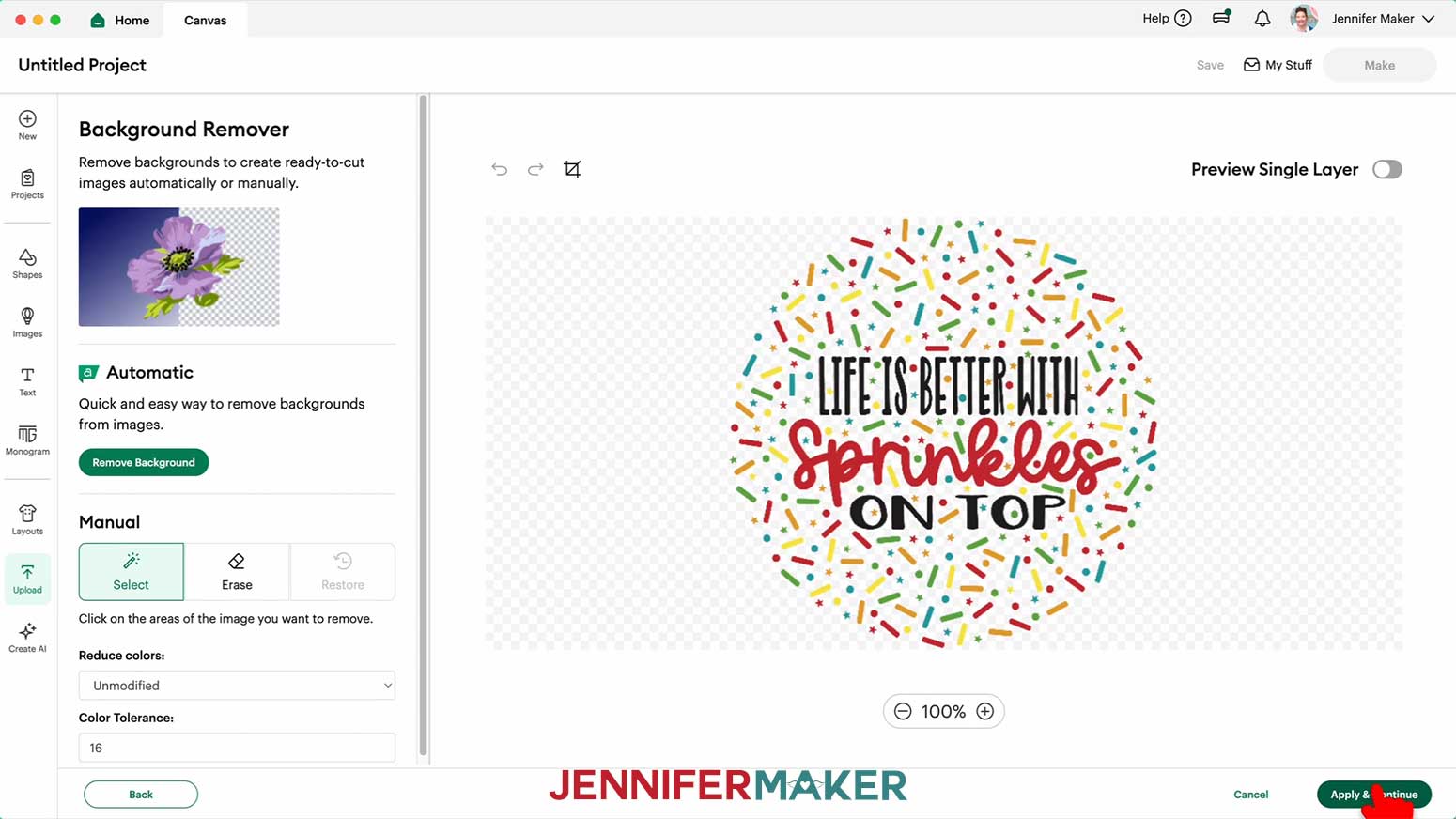 The Sprinkles plate is shown on the Design Space Background remover screen, the background has been removed and the cursor hovers over the Apply & Continue button.