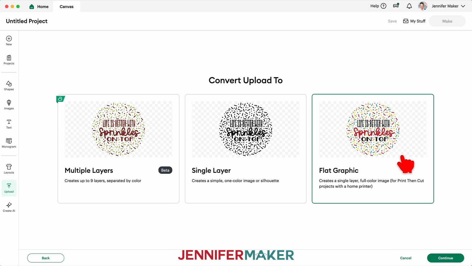 The Sprinkles Plate image is shown on the Convert to Screen in Design Space while the cursor hovers over the Flat Graphic selection.